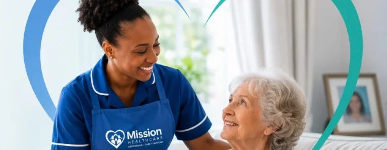 Mission Healthcare carer providing home care to a smiling older woman in Dartford